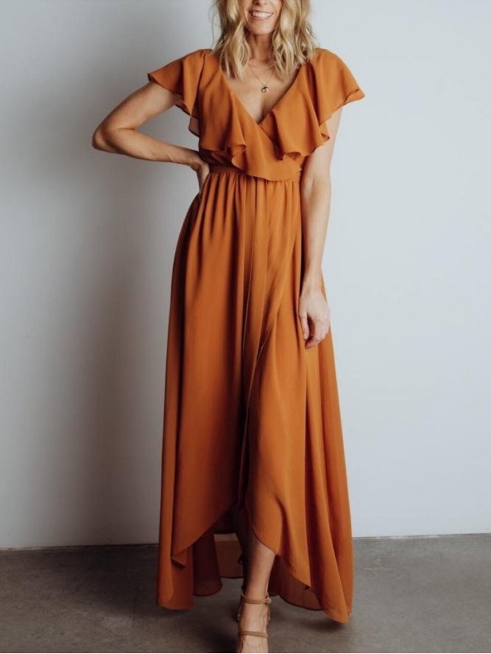 Baltic Born Rust Orange Wrap Maxi Dress with Ruffle Sleeves